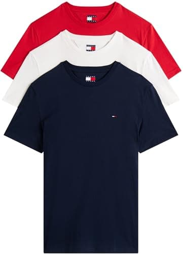Image of Tommy Jeans Mens TJM Xslim 3 Pack Tee Dm0dm21579 S/S T-Shirt, Multi (Ecru/Dark Night Navy/Sphre Red), M UK