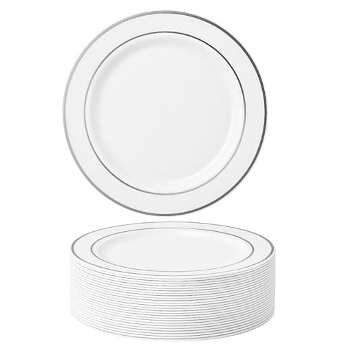 Image of MATANA 25 Premium White Plastic Dessert Plates with Silver Rim, 19cm / 7 Inch - Elegant & Reusable Small Side Plates, Starter Plates for Weddings, Birthdays, Picnic, BBQ, Parties