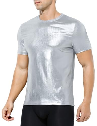 Image of Casey Kevin Mens Metallic T-Shirts 70s Disco Outfits for Mens Holographic Short Sleeve Shiny Tops,Silver-XL