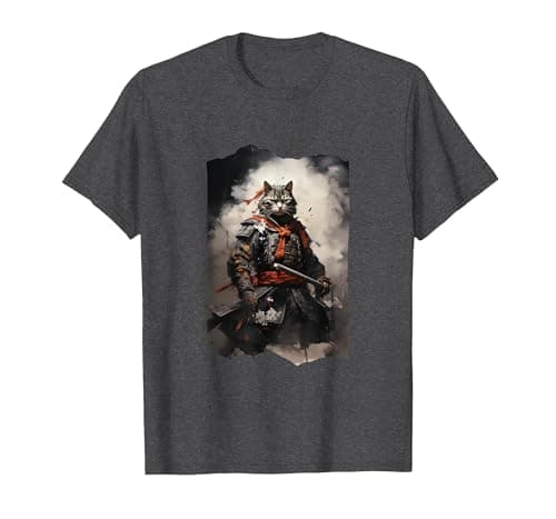 Image of Japanese Samurai Cat T-Shirt, Men, Dark Heather Grey, Small