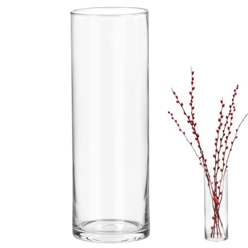 Image of QWORK® Elegant Large Glass Cylinder Vase 30cm x 10cm - Crystal Clear Modern Design for Home Decor
