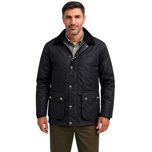 Image of Game Technical Apparel Mens Barker Wax Jacket with Detachable Hood & Tartan Linning (XL, Navy)