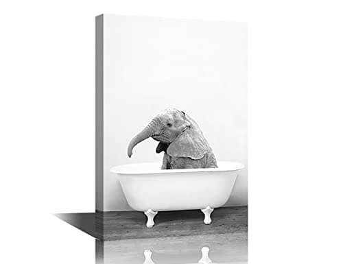 Image of Canvas Wall Art for Living Room Elephant in Bathtub Painting Office Wall Decor Wall Artworks Pictures for Home Decor Decoration, Ready to Hang - Cute Funny Animal Poster Prints Framed - 18"Wx12"H