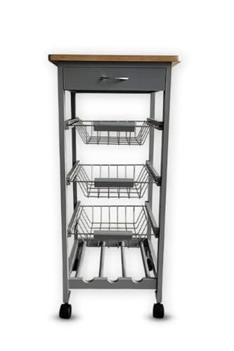 Image of HYGRAD BUILT TO SURVIVE Kitchen Trolley Wooden 3 Tier Rolling Organiser Cart (3 Basket + 1 Wine Rack) Utility Storage Cart with Drawers Wheels for Dining Room (Grey)