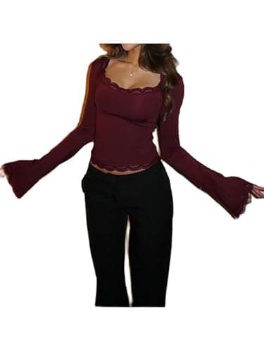 Image of Women's Lace Trim Square Neck T Shirt Y2K Long Flare Cuff Sleeve Basic Tops Elegant Slim Fit Blouse Aesthetic Tee Shirts (Burgundy, S)