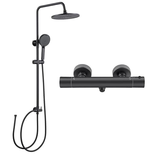Image of DERW Black Thermostatic Shower Set, 10" Round Rain Shower Head and 4 Function Handheld Shower, 65-110cm Height Adjustable Rail, Anti-Scald, Anti-Corrosion, Easy Fit Old Holes