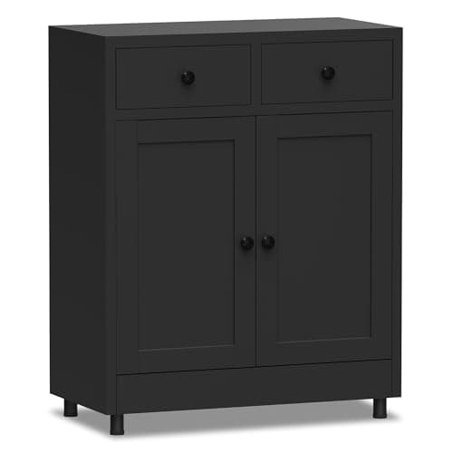 Image of JINKUR Metal Storage Cupboard with 2 Drawers and Adjustable Shelf, Sideboard Buffet Cabinet for Home, Office, Hallway, Entryway, Living Room, Kitchen Pantry and Dining Room (Black)