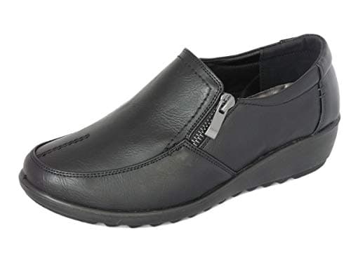 Image of Cushion Walk Women's Black Wide Fit EEE Shoes Ladies Lightweight Faux Leather Slip-on Flat Zip Shoes, Flats, Casual Work Office Comfort (7 UK, Black)
