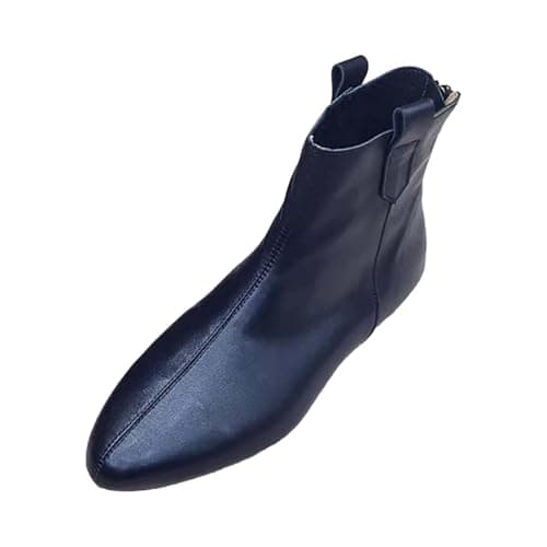 Image of Women’s Leather Ankle Boots,minimalist Flat Short Boots,soft Genuine Leather Upper,pointed Round Toe Design,side Zip Closure,comfort Lined Interior,flexible Non Slip Sole,lightweight Walking Booties
