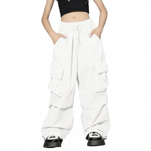 Image of Girls Cargo Trousers High Elastic Waist Kids Casual Baggy Parachute Trousers Y2k Hip Hop Streetwear Multi Pockets Dance Joggers Slim Wide Leg Thin Summer Sportwear School Uniforn Pants 5-6 Years