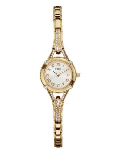 Image of GUESS Petite Vintage Inspired Gold-Tone Crystal Bracelet Watch with Self-Adjustable Links. Color: Gold-Tone (Model: U0135L2)