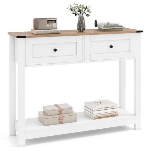 Image of COSTWAY Console Table, Rustic Farmhouse Slim Entryway Table Hall Desk with 2 Drawers & Open Storage Shelf, Wooden Long Narrow Sofa Side Behind Couch Tables for Hallway Foyer Living Room (106x30x82cm)