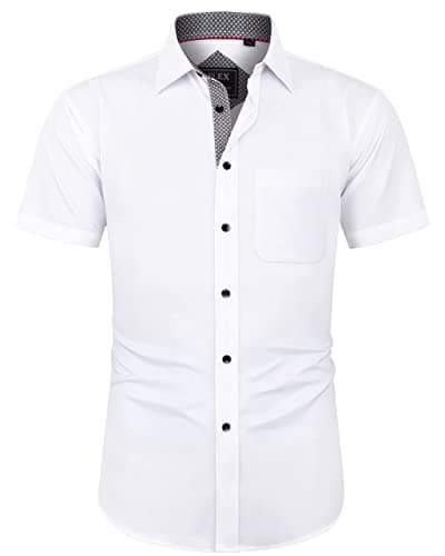 Image of J.VER Men's White Short Sleeve Dress Shirt Regular Fit Business Casual Shirt Button Down Wedding Work Office Stretch Non Iron M
