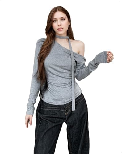 Image of EMOTTOS Women's Y2K Tops, Sexy Off-Shoulder Long Sleeve Slim Fit, Asymmetrical Cold Shoulder Stretchy Slimming Side Frill Matching Neck Rope Elastic T-Shirt Party Festival Ladies, Grey, M