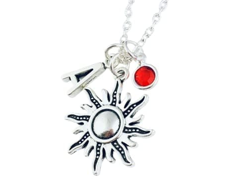 Image of Personalised Sun Necklace, initial charm, birthstone crystal jewellery, silver plated or sterling silver, celestial goth gothic wiccan witch witchcraft witchy pagan halloween 90s spiritual astrology