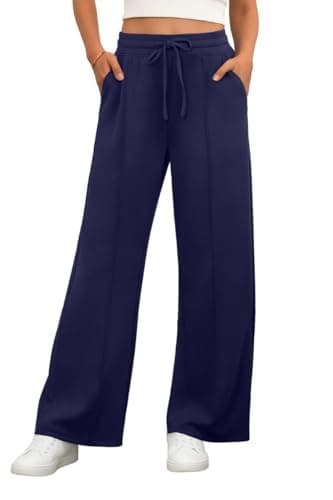 Image of PrinStory Yoga Pants for Women Wide Leg Trousers High Waist Pull On Trousers with Pockets Stretch Casual Drawstring Office Work Pants (Navy Blue, M)