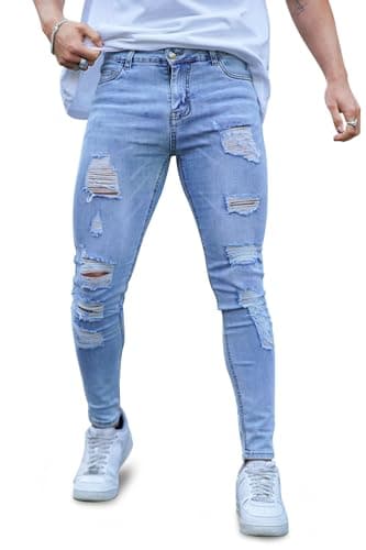 Image of GINGTTO Mens Ripped Jeans Super Stretch Denim Pants for Men Slim Fit Destroyed Jean Light Blue Trousers 34/30