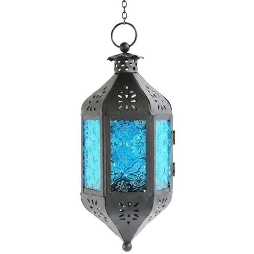 Image of Blue Glass Hanging Moroccan Candle Lantern with Chain