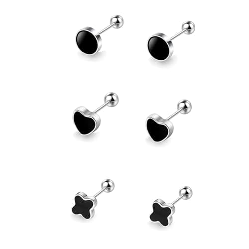 Image of HinDaLi 3 Pairs 925 Sterling Silver Studs Earrings for Women Men Girls Helix Piercing Stud Screw Back Ear Studs Four Leaf Clover Round Heart Stud Earrings Black Women Earring Set Cartilage Tragus