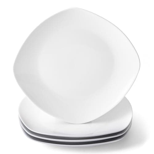 Image of 10" Square Dinner Plates Set of 4, White Ceramic Plates for Dinner, Salad, Appetizer & Dessert, Microwave, Dishwasher Safe Dinnerware for Kitchen, Perfect for Party Wedding Birthday & Christmas Dishes