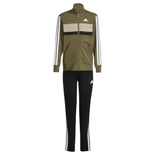 Image of adidas Unisex Kids SEASONAL ESSENTIALS TIBERIO 3 STRIPES TRICOT TRACKSUIT, olive strata/white, 9-10 Years