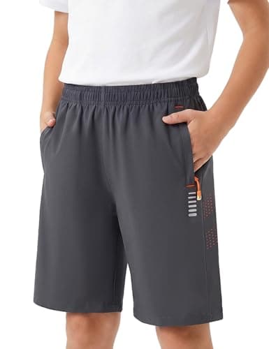Image of Ewbob Boys Shorts Kids Sport Breathable Waterproof Football Gym School PE Shorts with Elastic Waistband Zipper Pocket 5-13Years(C17-Dark Grey-7-8Y)