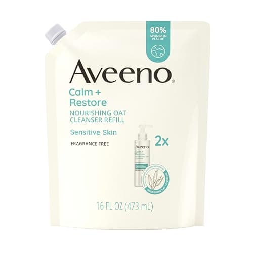Image of Aveeno Calm + Restore Nourishing Oat Facial Cleanser for Sensitive Skin, Gentle Face Wash with Nourishing Oat & Calming Feverfew, Hypoallergenic, Fragrance-Free, Refill Pouch, 16 fl oz