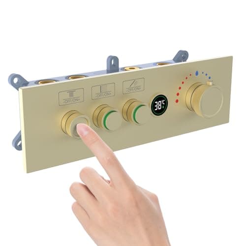 Image of Brushed Gold Thermostatic Shower Diverter Mixer Valve - 3-Way Push Button Control with Temperature Display and Flow Control, Concealed Brass Construction for Bathroom