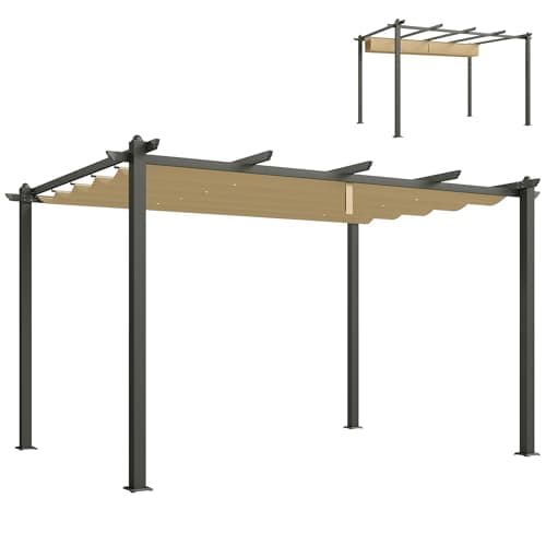 Image of Outsunny 3 x 4m Pergola with Retractable Roof, Aluminium Frame Garden Gazebo Canopy Outdoor Sun Shade Shelter for Grill, Patio, Deck, Khaki