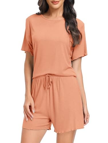 Image of Vlazom Pyjamas for Women, Super Soft Ladies Pyjamas Sets Two Piece Pj Sets Short Sleeve Top and Shorts for Loungewear Sleepwear Orange,M