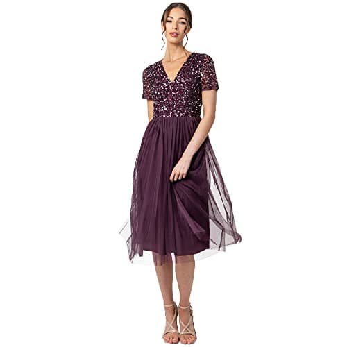 Image of Maya Deluxe Women's Embellished Midi Evening for Women Ladies V Neckline with Short Sleeve Prom We Bridesmaid Dress, Berry, 14 UK
