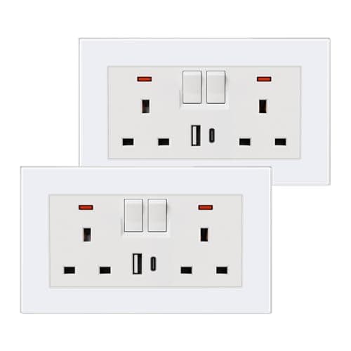 Image of BSEED Double Socket 13A with 2 USB A and USB C 18W, Double Switched Socket 2 Gang UK Standard, Switched Outlet with Glass Panel, Electric Power Outlet White, 2 Pack