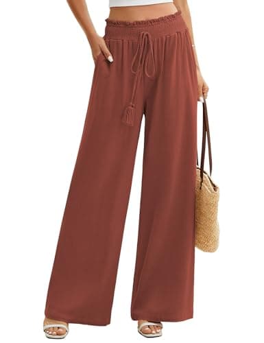 Image of PASUDA Womens Cotton Linen Trousers Summer Ladies Elegant Flowy Wide Leg Pants Casual Baggy Elastic High Waist Trousers with Pockets Loose Lounge Pants (Brick Red, L)