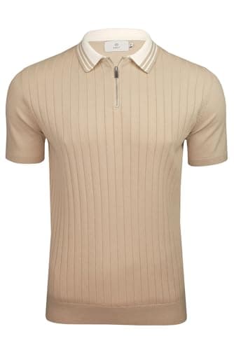 Image of Xact Men's Knitted Polo Shirt – 100% Cotton, Short Sleeve Smart Casual Jacquard Knit Top, Textured Knitwear with Button Neck - String - M