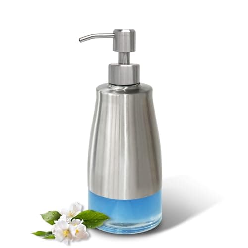 Image of ILIKEPOW Soap Dispenser Clear Glass Liner Brushed Nickel Stainless Steel Case and Pump with Labels Washing up Liquid Dispenser for Kitchen, Bathroom