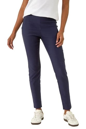 Image of Roman Originals Stretch Trousers for Women UK Ladies High Waisted Pants Pull On Leggings Smart Slimming Office Work Fitted Tailored Tapered Regular & Plus Sizes - Navy (28 in) - Size 22