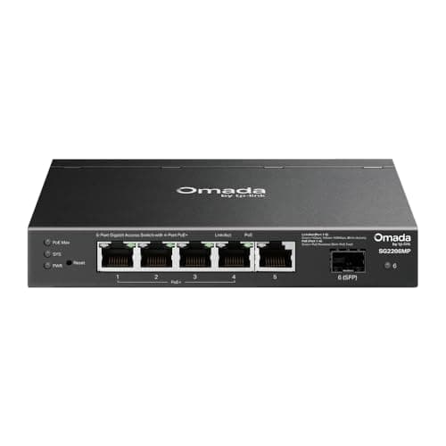 Image of TP-Link SG2206MP Ethernet Splitter with PoE,5 Gigabit RJ45 ports Network Switch, Centralised Cloud Management via Omada APP, Fanless,Plug and Play, Energy-Saving,Desktop/Wall Mounting Design