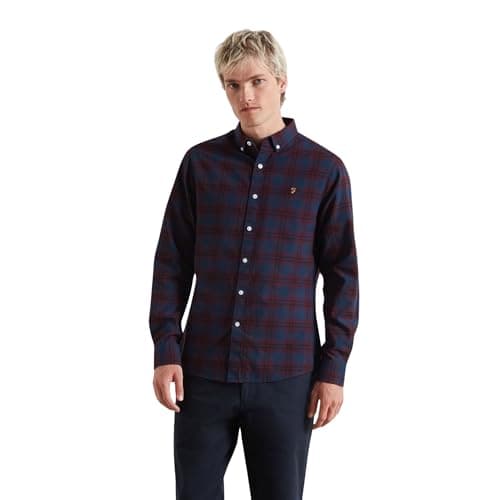 Image of Farah Men's Brewer Check Organic Cotton Long Sleeve Shirt, M, Bordeaux