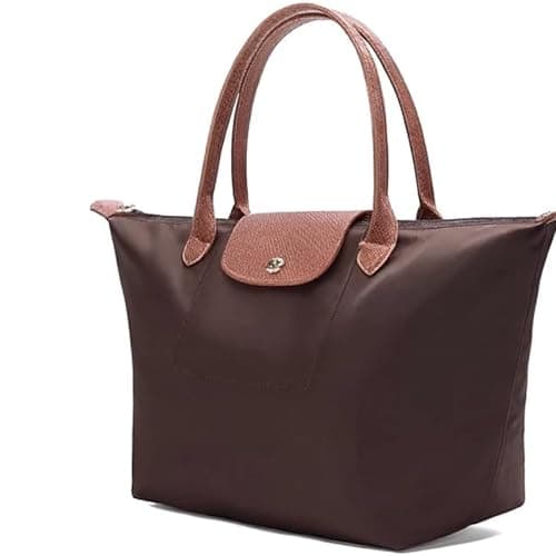 Image of Elite Apparel Large Tote Bag for Women – Lightweight Nylon Shoulder Bag with Leather Handles, Foldable Shopper Handbag for Work, Travel & Everyday Use (Coffee)