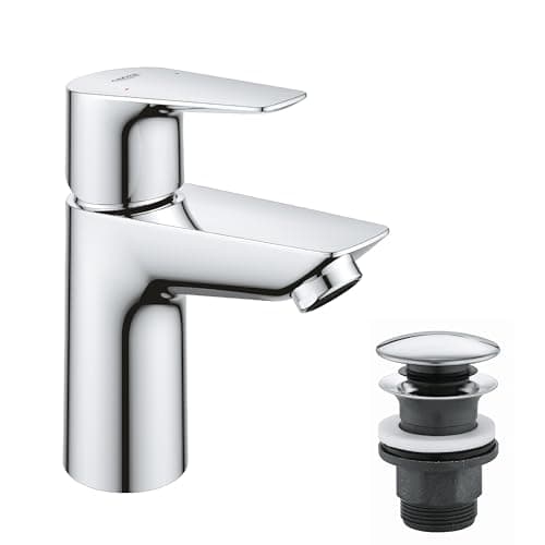 Image of GROHE Start Edge - Basin Mixer Tap with Push-Open Waste Set, (Metal Lever, 28 mm Ceramic Cartridge, Water Saving Mousseur 5.7 l/min, Tails 3/8 Inch), Size 147 mm, QuickTool Included, Chrome, 24199001