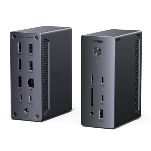 Image of UGREEN Docking Station, Triple 4K Display (2x DP+ HDMI), 14-Port USB-C Dock, 100W Max Charging for Laptop, 27W Max USBC, 10Gbps USB-C/A, 170MB/s SD, Ethernet, Audio, 140W Power Supply for Dell, HP