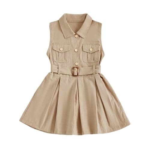 Image of Himllauen Toddler Girl Summer Dress Kids Solid Color A Line Lapel Sleeveless Pocket Casual Dress with Belt for Newborn Baby Girls (Khaki, 3-4 Years)