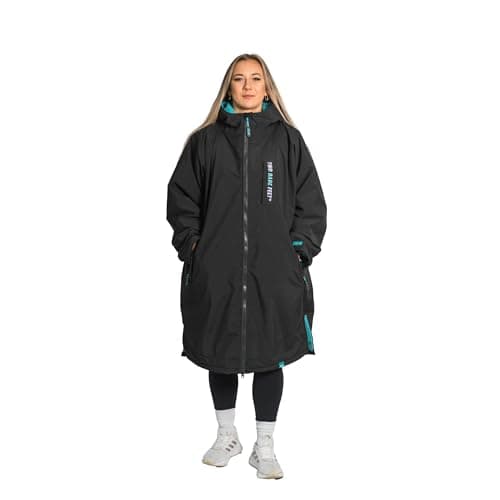 Image of Two Bare Feet Waterproof Changing Robe with Changing Mat for Kids & Adults, Hooded Sherpa Fleece Lined, Windproof Outdoor Coat for Swimming, Surfing, Beach (Small, Black/Teal)