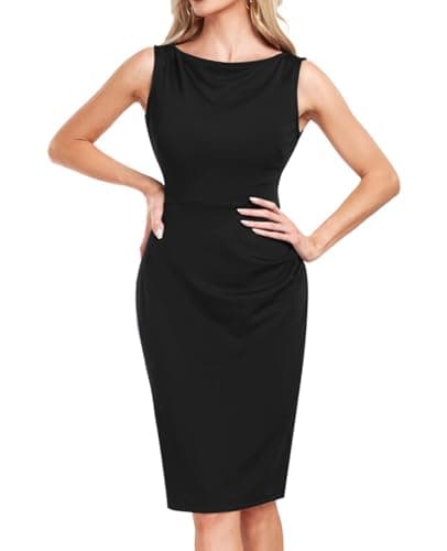 Image of MINTLIMIT Women's Sheath Dress Boat Neck Sleeveless Ruched Slim Work Pencil Dresses Cocktail Party 2024 Black