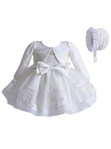 Image of WWAYBEI Newborn Baby Girl Christening Dress White Lace Baptism Dresses Tutu Birthday Party Princess Dresses with Hat Outfits Set (White 3Pcs, 3-6 Months)