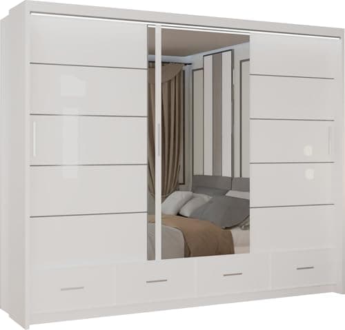 Image of MN Furniture Derry High Gloss & Mirror Sliding Doors Wardrobe with Long Led Light and Bottom Drawers White, 255cm