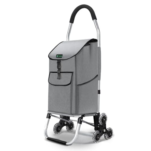 Image of VOUNOT® Folding Shopping Trolley on 6 Wheels, Aluminium Lightweight Shopping Cart with Insulated Cooling Bag, Stair Climbing Grocery Trolley, 58L Grey