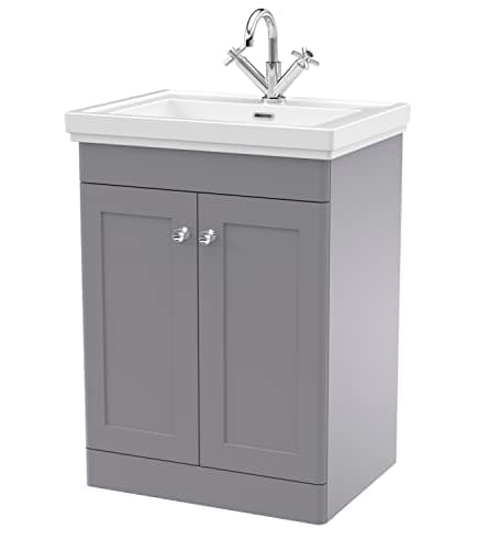Image of nuie CLC225A Classique Traditional Bathroom Floor Standing 2 Door Vanity Unit with 1 Tap Hole Fireclay Basin, 600mm, Satin Grey