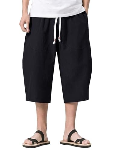 Image of KEFITEVD Long Shorts Men Casual Harem Pants Lightweight Beach Capri Trousers 3 Quarter Loose Shorts with Pockets Black 36