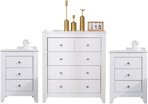 Image of Kingwudo® White Chest of Drawers set (2+3 Drawers Chest + 3 Drawers Bedside Table x 2) Bedroom 3 Pieces Set Storage Cabinet Storage Unit for Bedroom Furniture